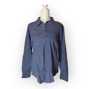 LL Bean Button Up Shirt Medium Women Wrinkle Free Blue White Anchor Pattern